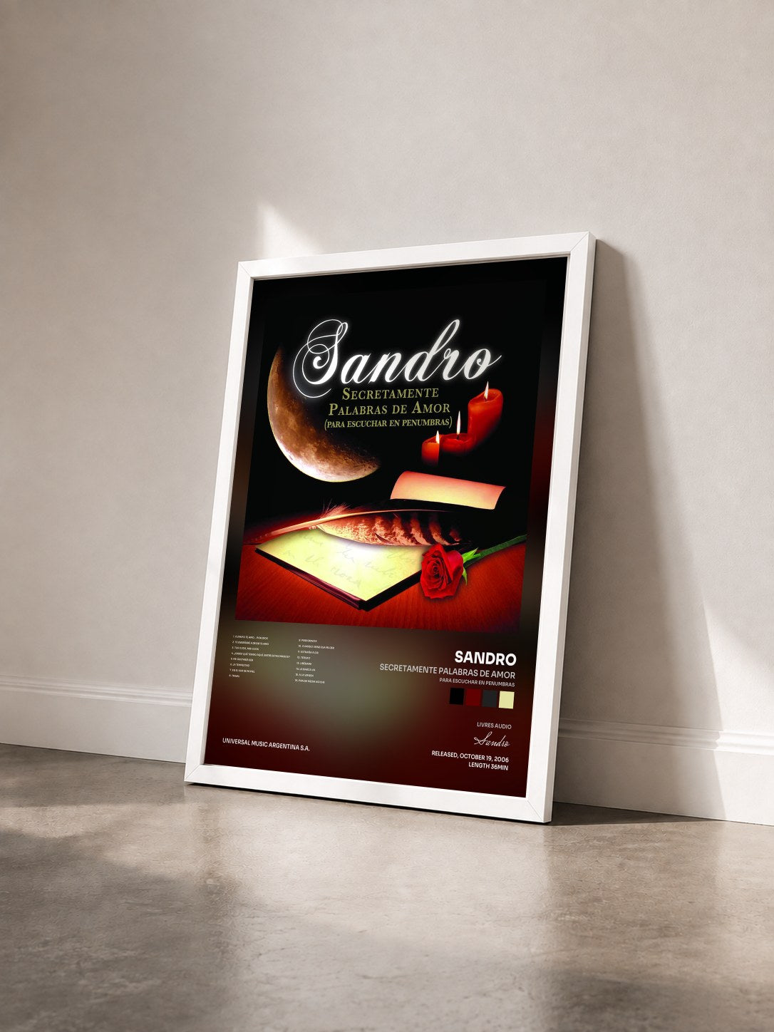#blanc Tableau de l'album Secretamente Palabras De Amor (Para Escuchar En Penumbras) de Sandro vu de trois quarts, cadre blanc