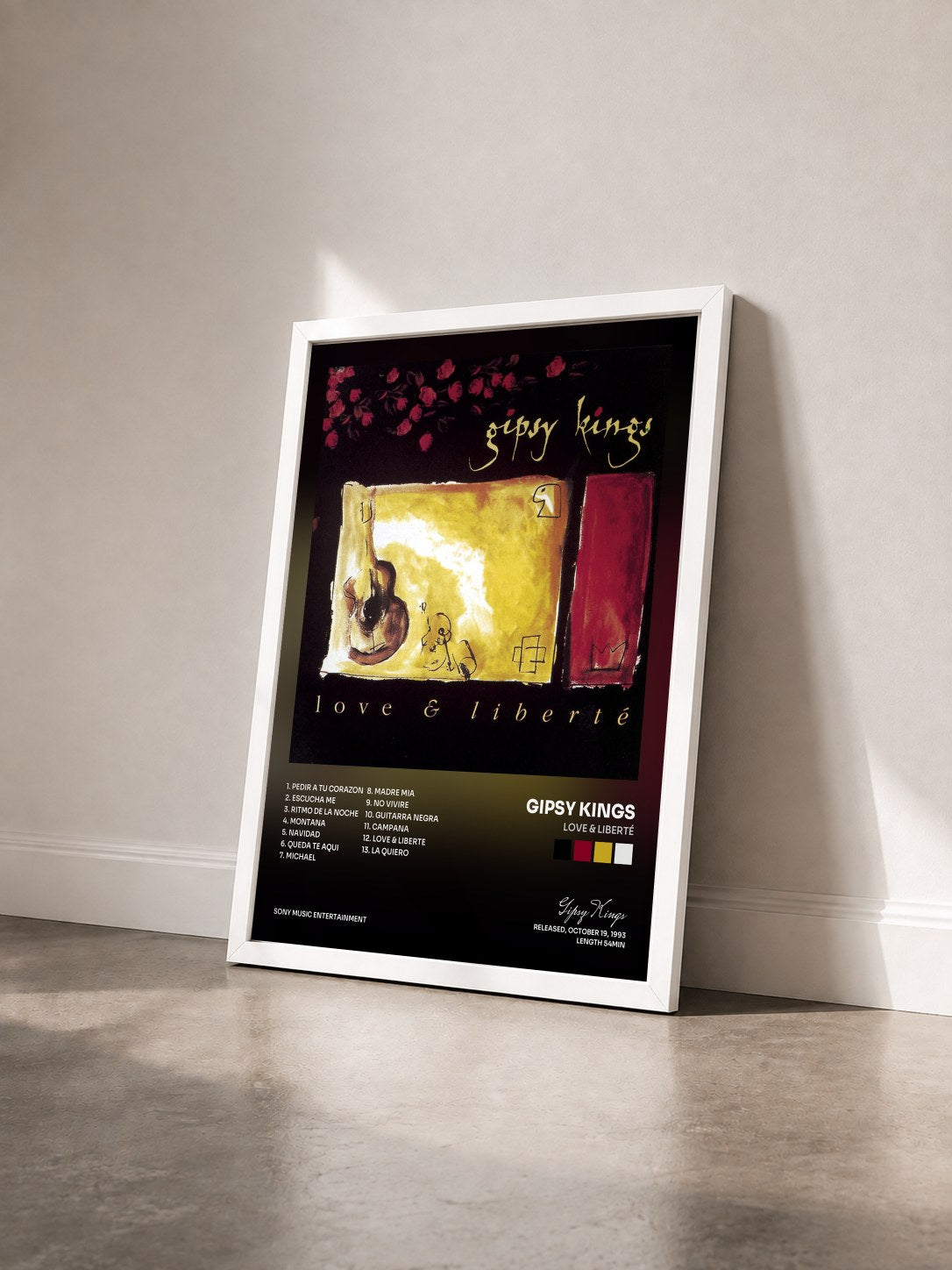 #blanc Tableau de l'album Love & Liberté de Gipsy Kings vu de trois quarts, cadre blanc