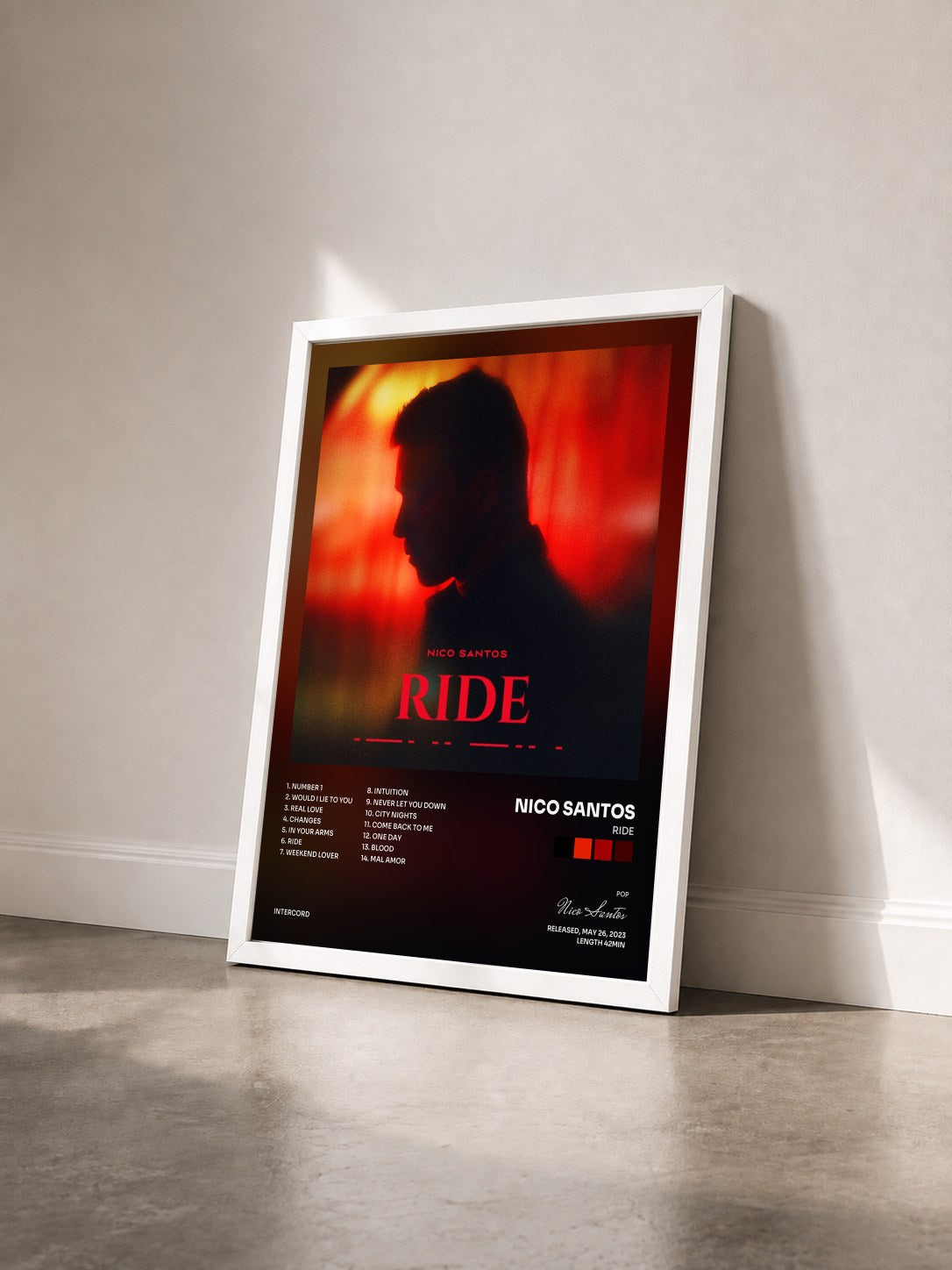 #blanc Tableau de l'album Ride de Nico Santos vu de trois quarts, cadre blanc
