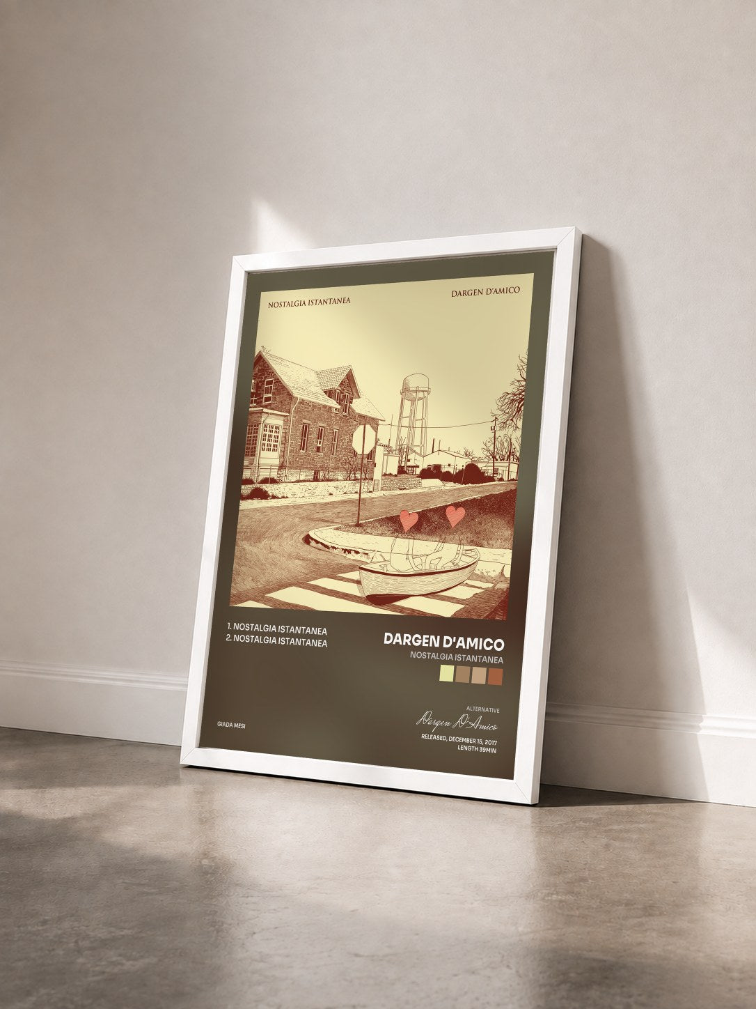 #blanc Tableau de l'album Nostalgia istantanea de Dargen D'Amico vu de trois quarts, cadre blanc
