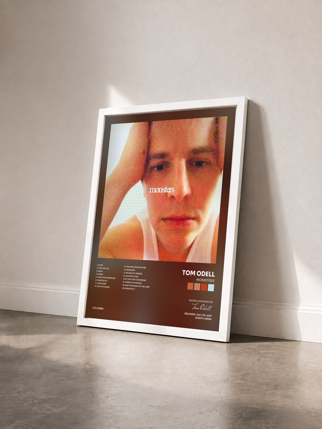 #blanc Tableau de l'album monsters de Tom Odell vu de trois quarts, cadre blanc