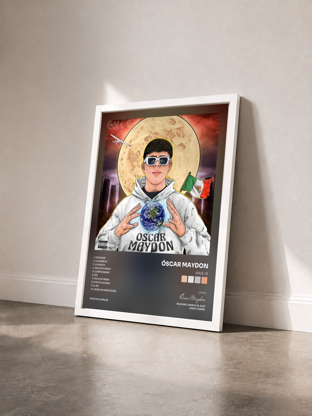 #blanc Tableau de l'album GXLE <3 de Óscar Maydon vu de trois quarts, cadre blanc
