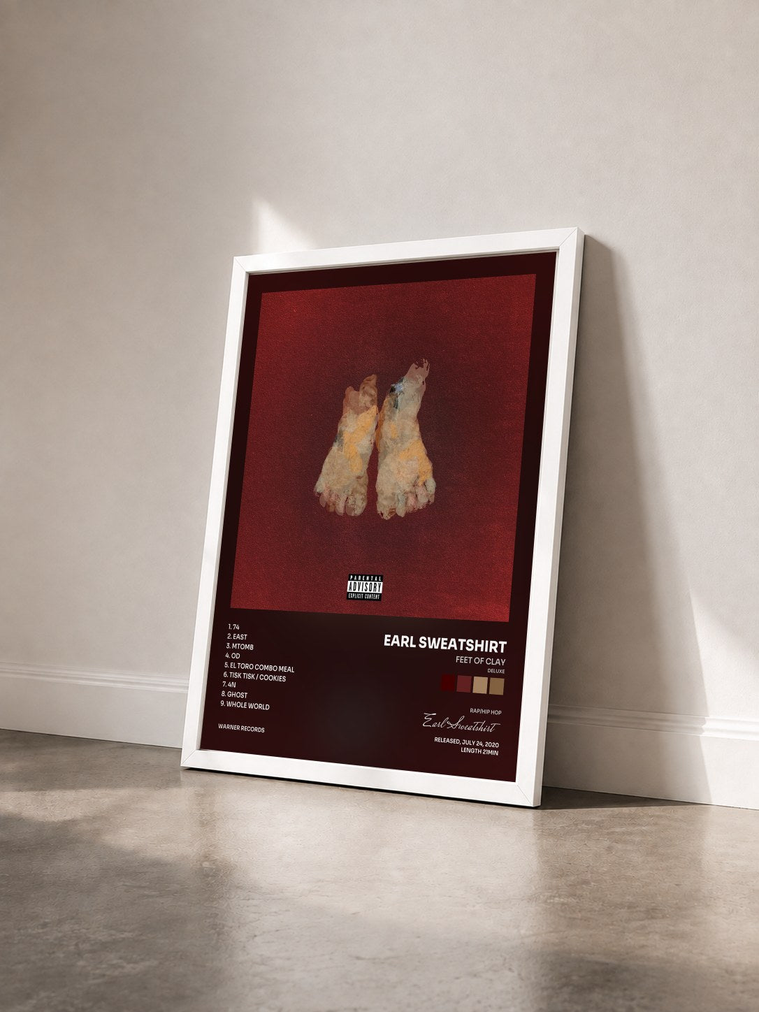 #blanc Tableau de l'album FEET OF CLAY (Deluxe) de Earl Sweatshirt vu de trois quarts, cadre blanc