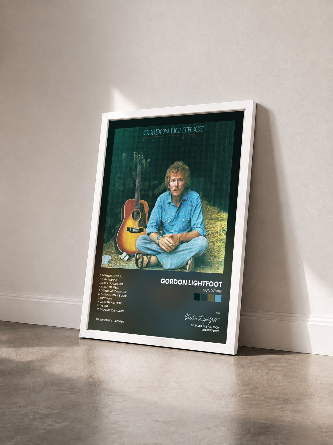 #blanc Tableau de l'album Sundown de Gordon Lightfoot vu de trois quarts, cadre blanc
