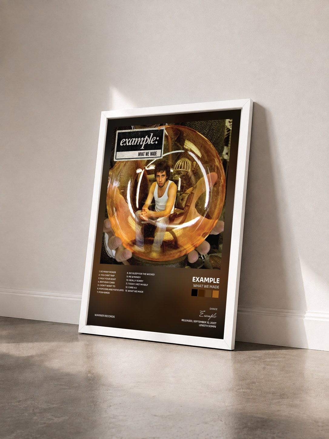 #blanc Tableau de l'album What We Made de Example vu de trois quarts, cadre blanc