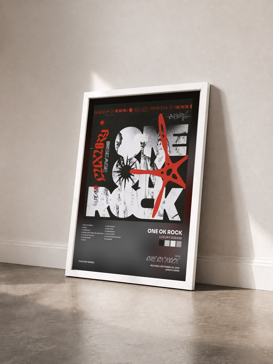 #blanc Tableau de l'album Luxury Disease de ONE OK ROCK vu de trois quarts, cadre blanc