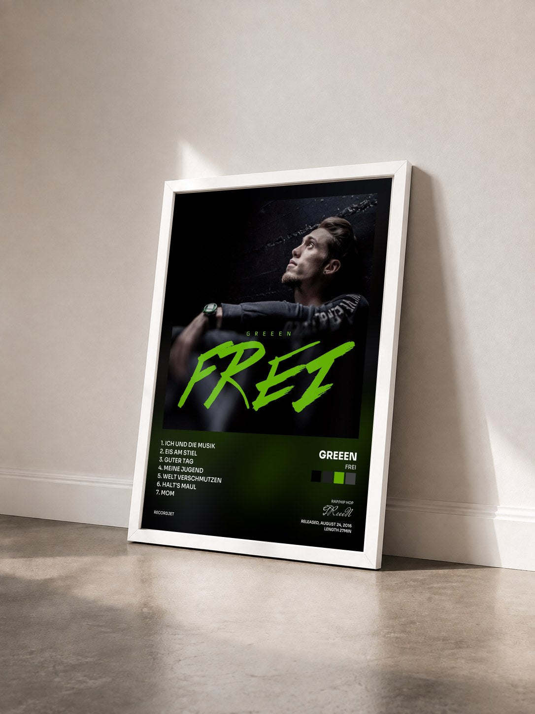 #blanc Tableau de l'album Frei de GReeeN vu de trois quarts, cadre blanc