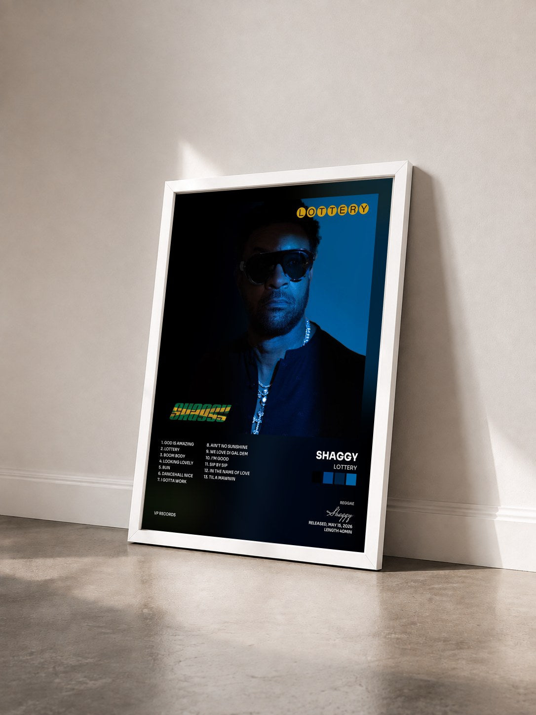 #blanc Tableau de l'album Lottery de Shaggy vu de trois quarts, cadre blanc