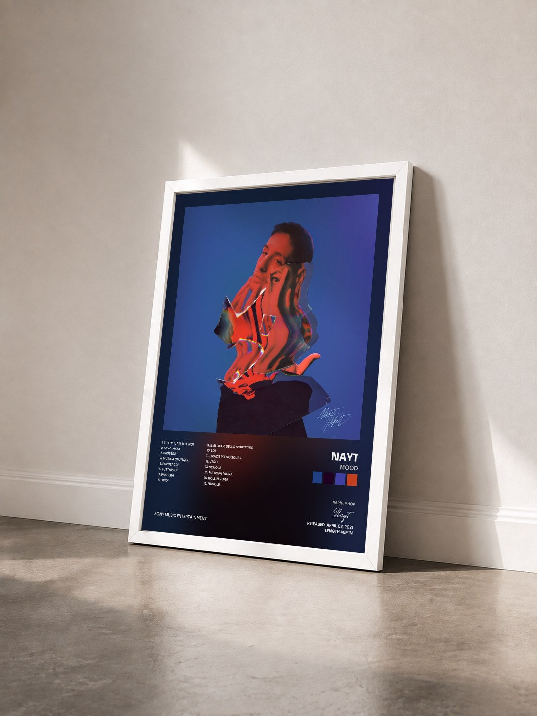 #blanc Tableau de l'album MOOD de Nayt vu de trois quarts, cadre blanc