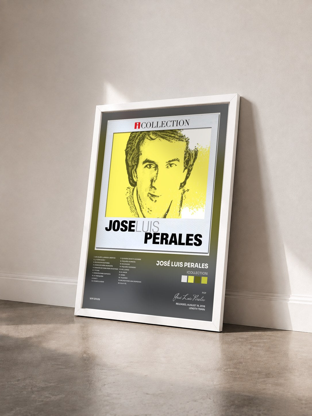 #blanc Tableau de l'album iCollection de José Luis Perales vu de trois quarts, cadre blanc