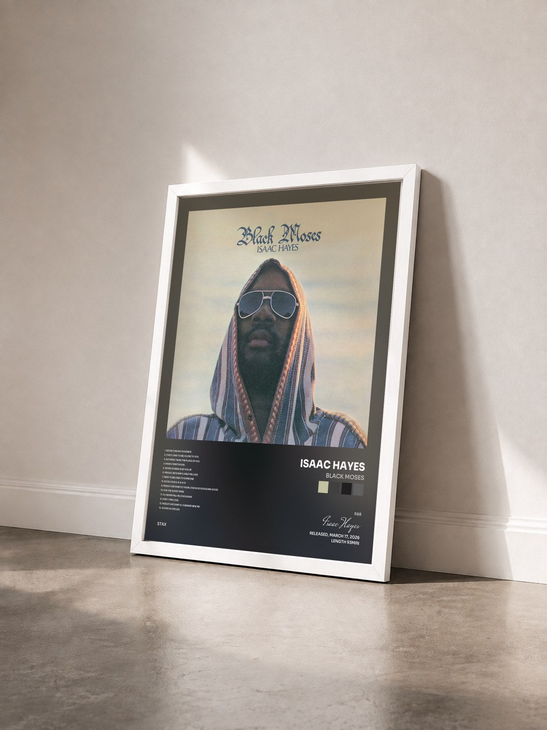 #blanc Tableau de l'album Black Moses de Isaac Hayes vu de trois quarts, cadre blanc