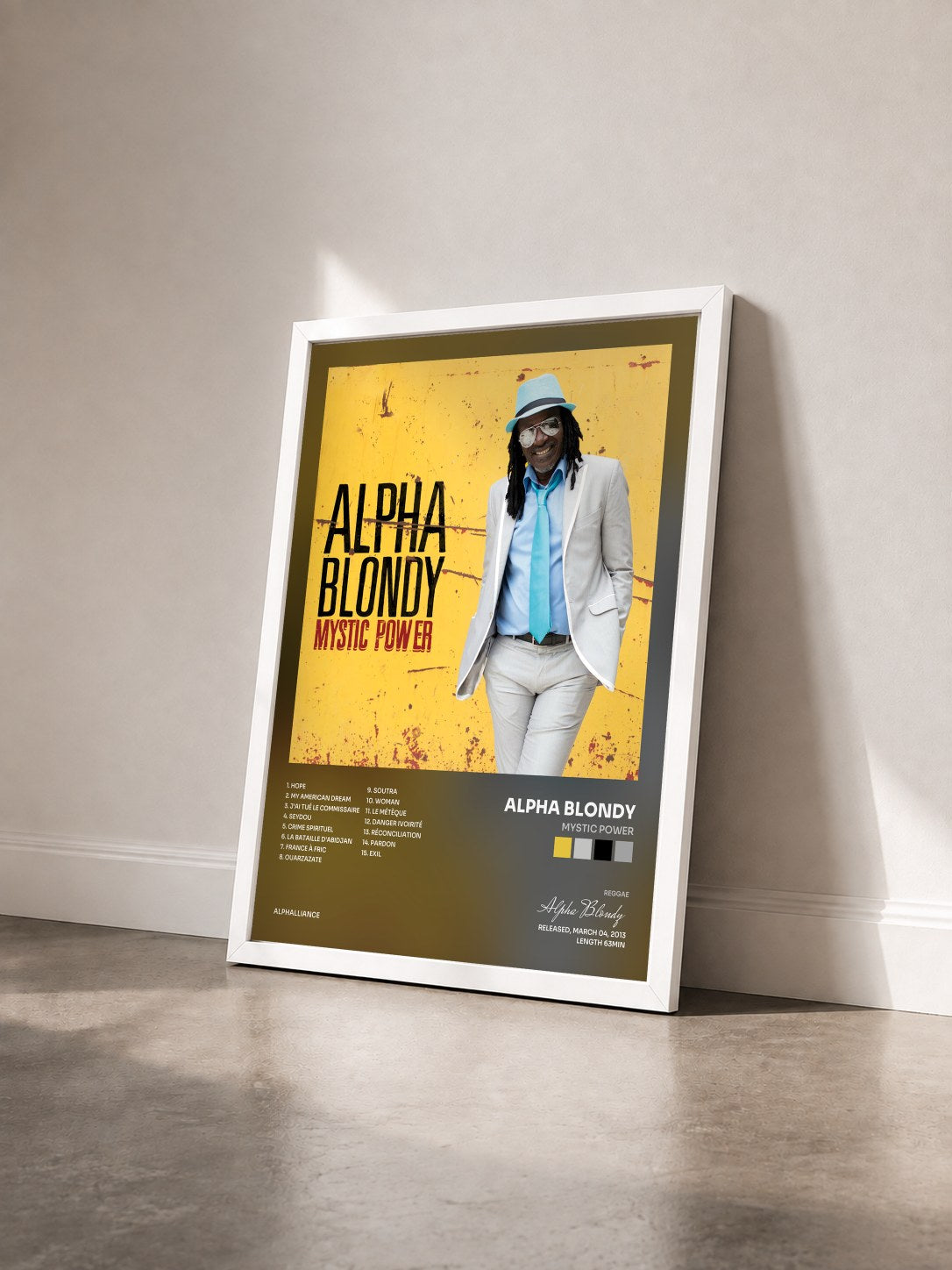 #blanc Tableau de l'album Mystic Power de Alpha Blondy vu de trois quarts, cadre blanc