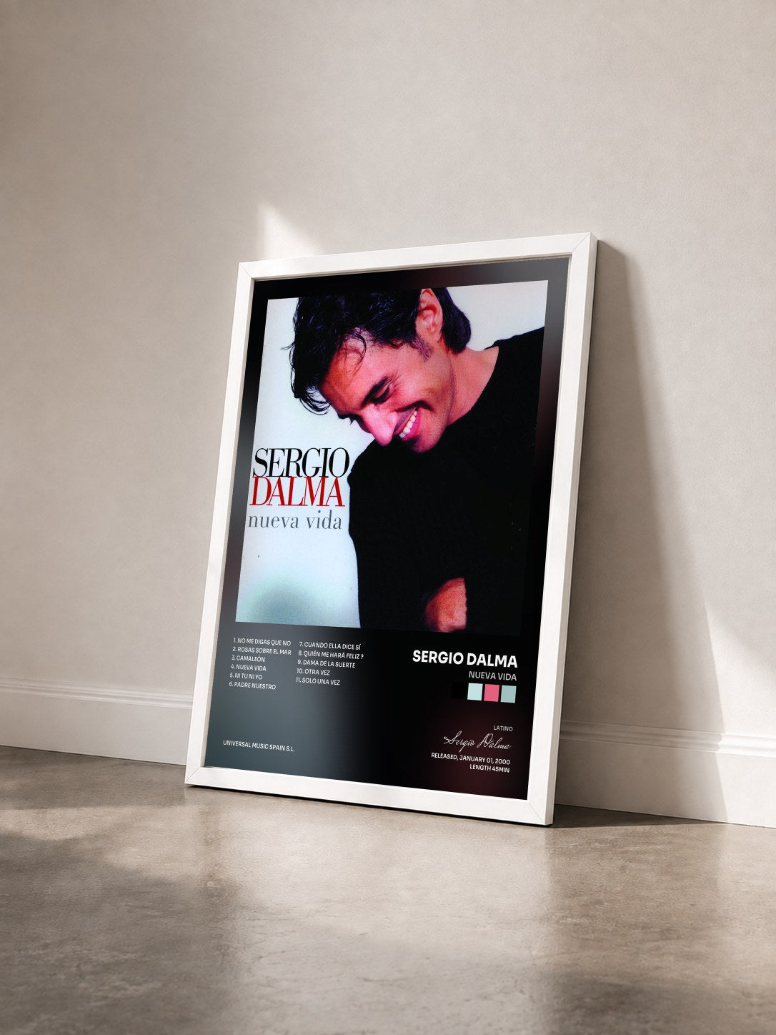 #blanc Tableau de l'album Nueva Vida de Sergio Dalma vu de trois quarts, cadre blanc
