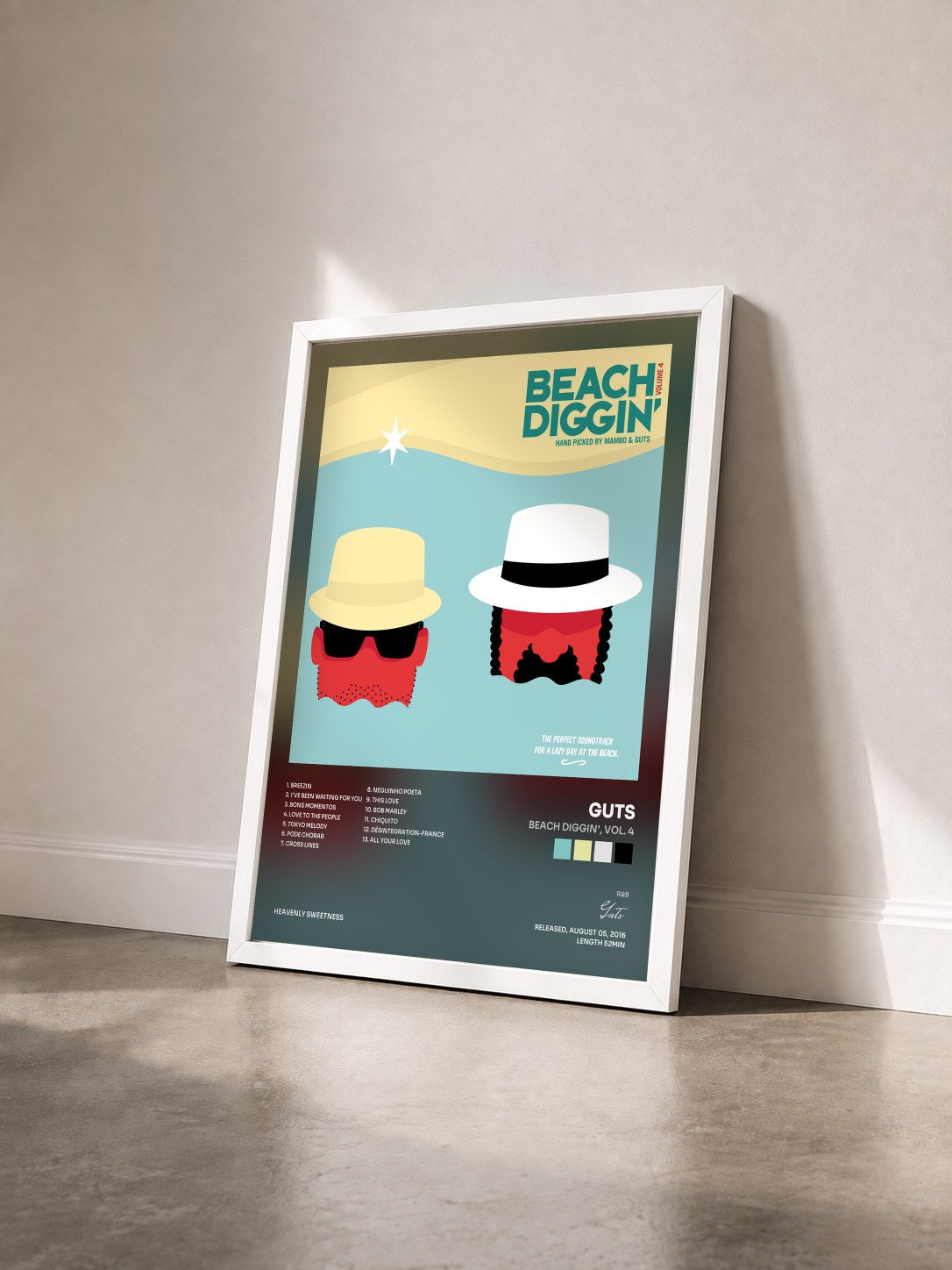 #blanc Tableau de l'album Beach Diggin', Vol. 4 de Guts vu de trois quarts, cadre blanc