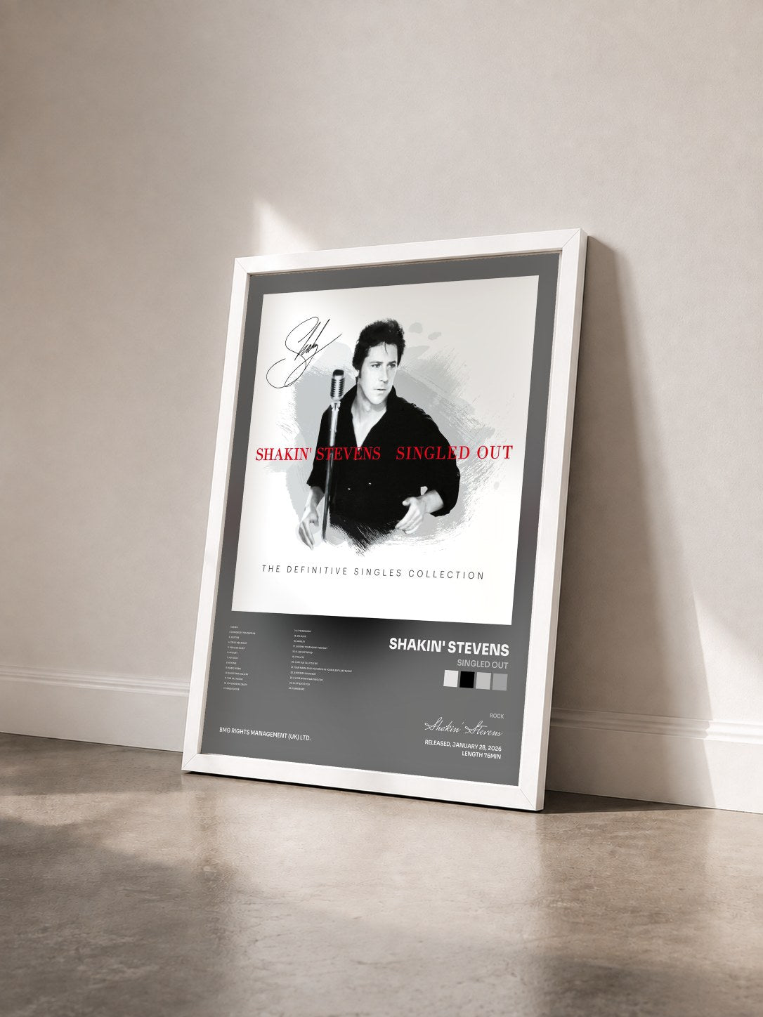 #blanc Tableau de l'album Singled Out de Shakin' Stevens vu de trois quarts, cadre blanc