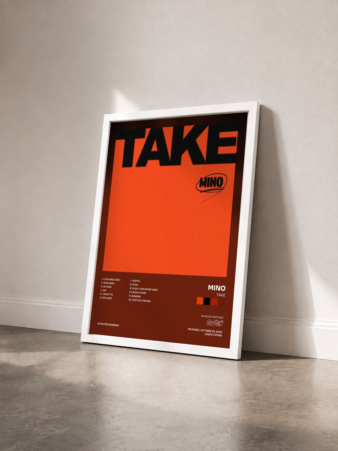 #blanc Tableau de l'album TAKE de MINO vu de trois quarts, cadre blanc