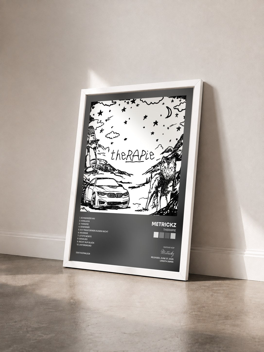#blanc Tableau de l'album theRAPie de Metrickz vu de trois quarts, cadre blanc