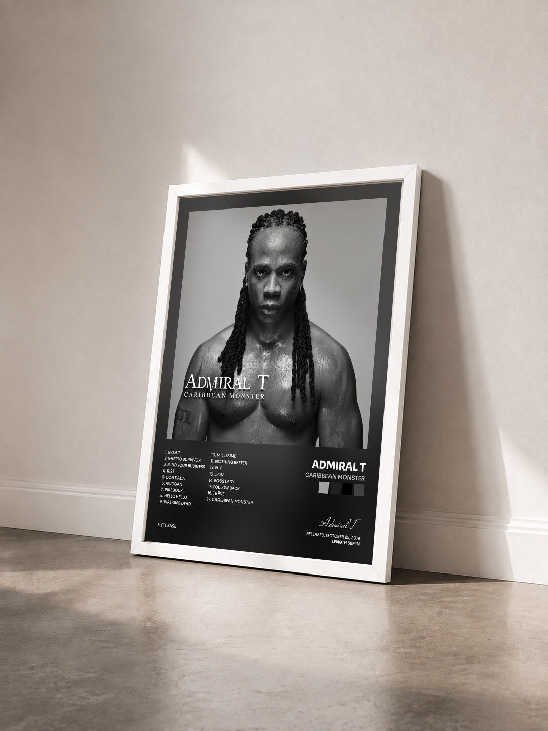 #blanc Tableau de l'album Caribbean Monster de Admiral T vu de trois quarts, cadre blanc