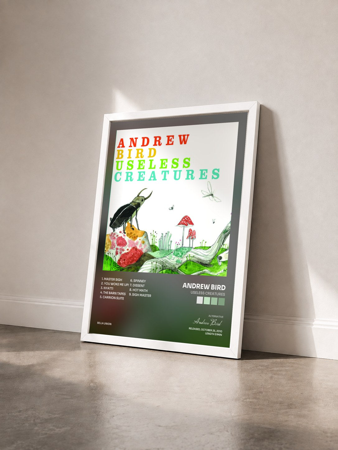 #blanc Tableau de l'album Useless Creatures de Andrew Bird vu de trois quarts, cadre blanc