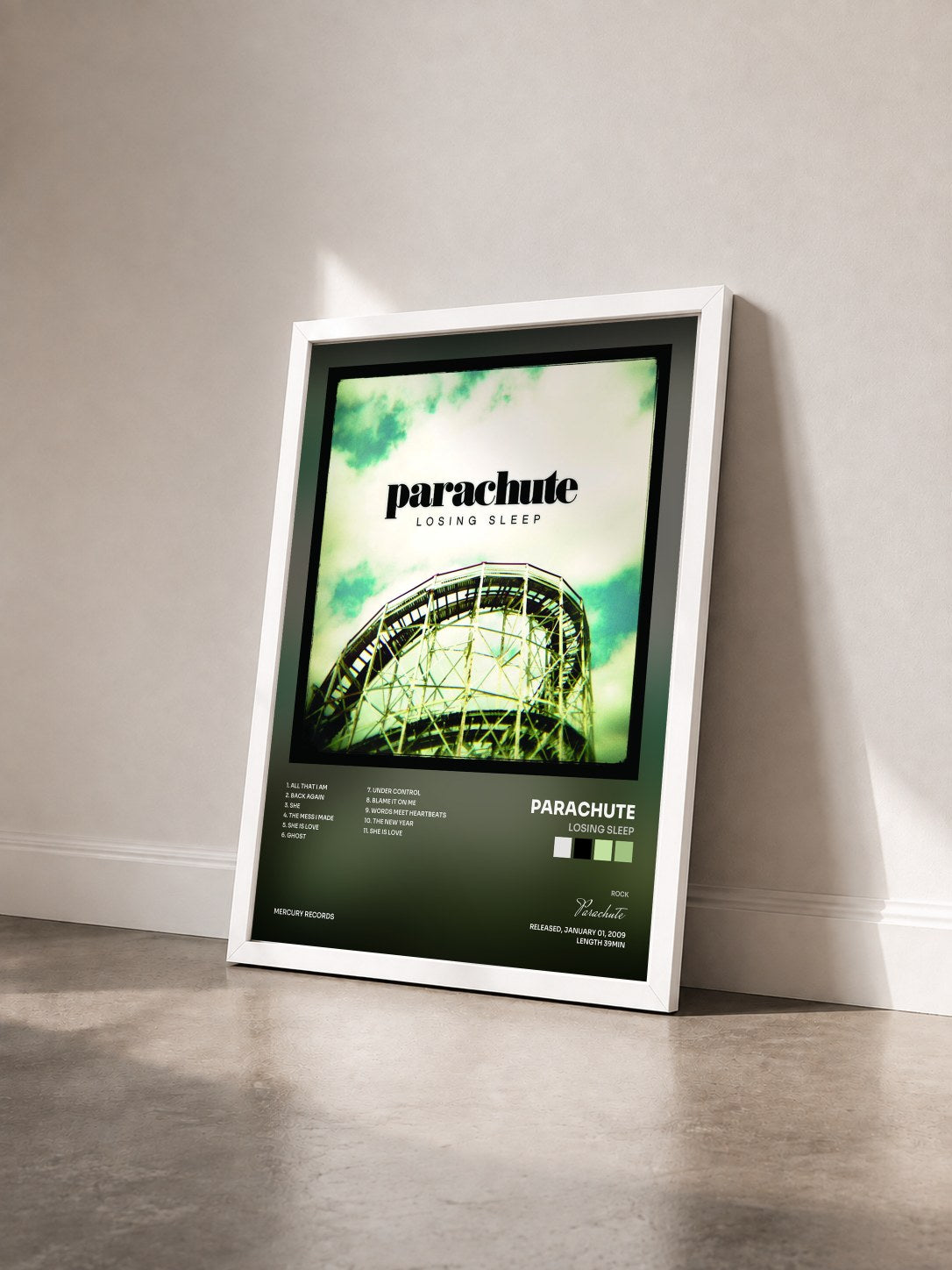 #blanc Tableau de l'album Losing Sleep de Parachute vu de trois quarts, cadre blanc