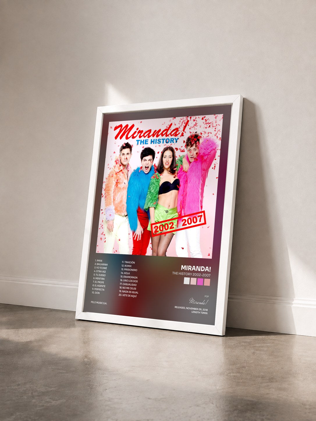 #blanc Tableau de l'album The History 2002-2007 de Miranda! vu de trois quarts, cadre blanc