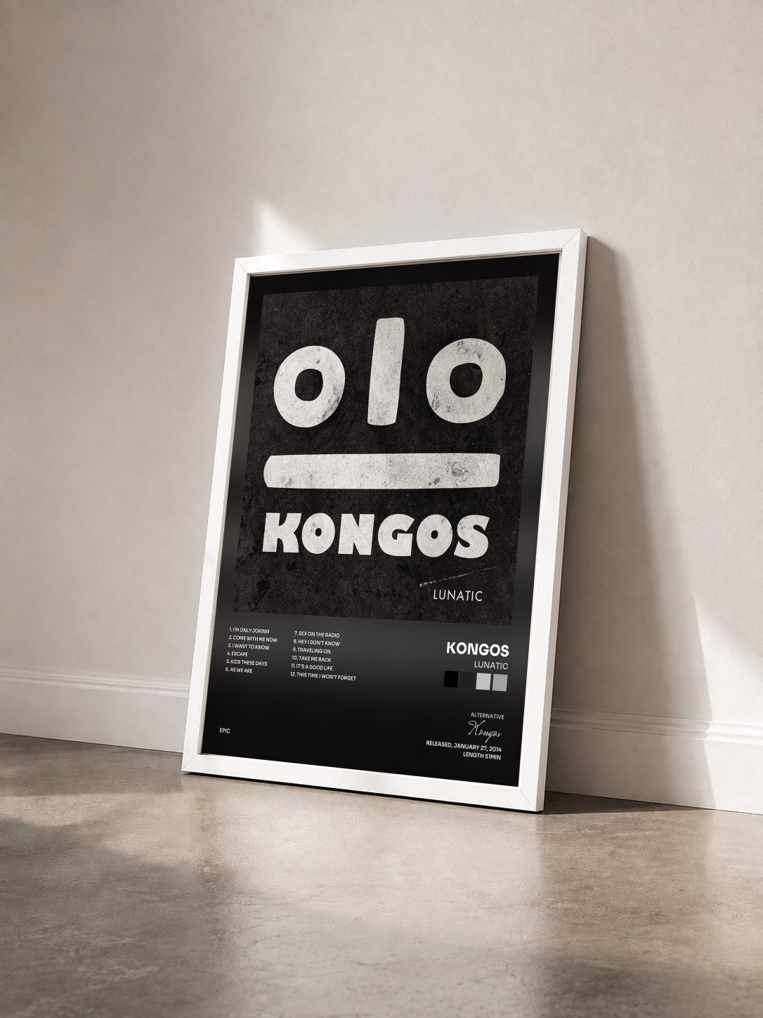 #blanc Tableau de l'album Lunatic de Kongos vu de trois quarts, cadre blanc