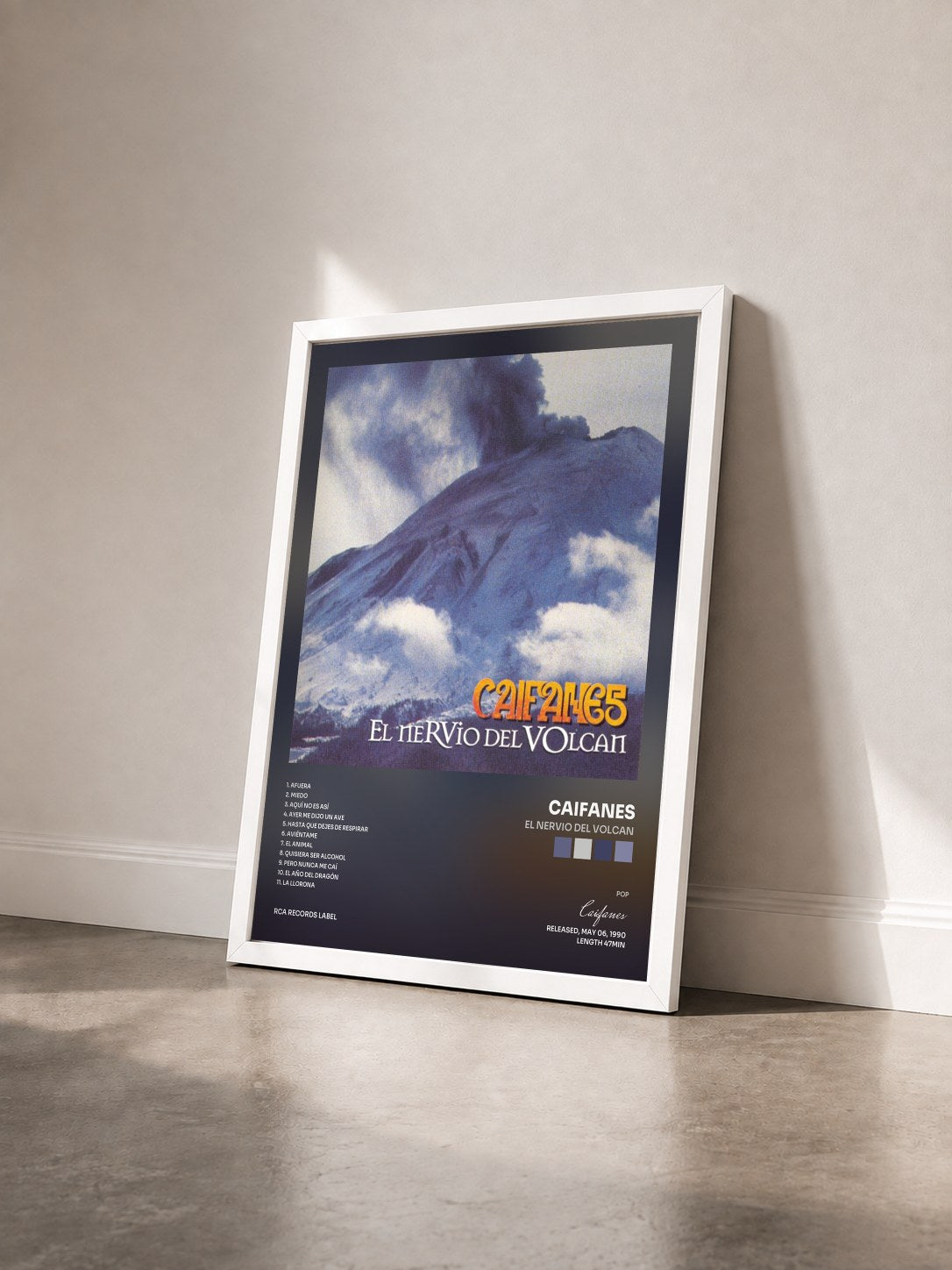#blanc Tableau de l'album El Nervio Del Volcan de Caifanes vu de trois quarts, cadre blanc