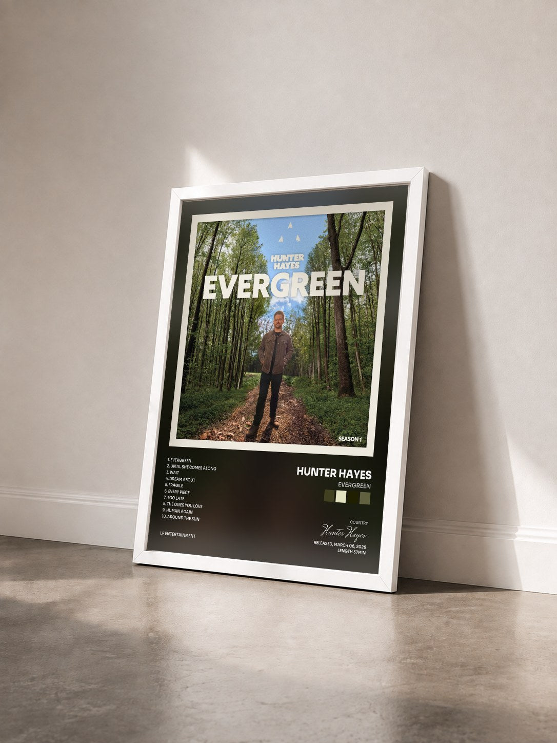 #blanc Tableau de l'album Evergreen de Hunter Hayes vu de trois quarts, cadre blanc