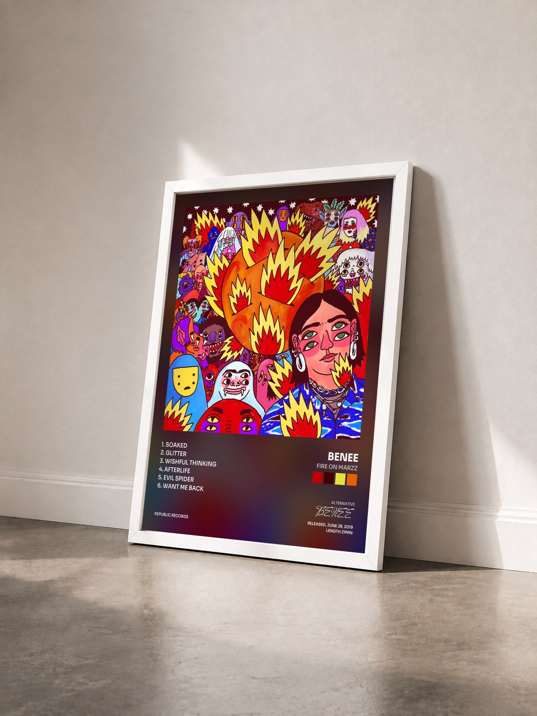 #blanc Tableau de l'album FIRE ON MARZZ de BENEE vu de trois quarts, cadre blanc