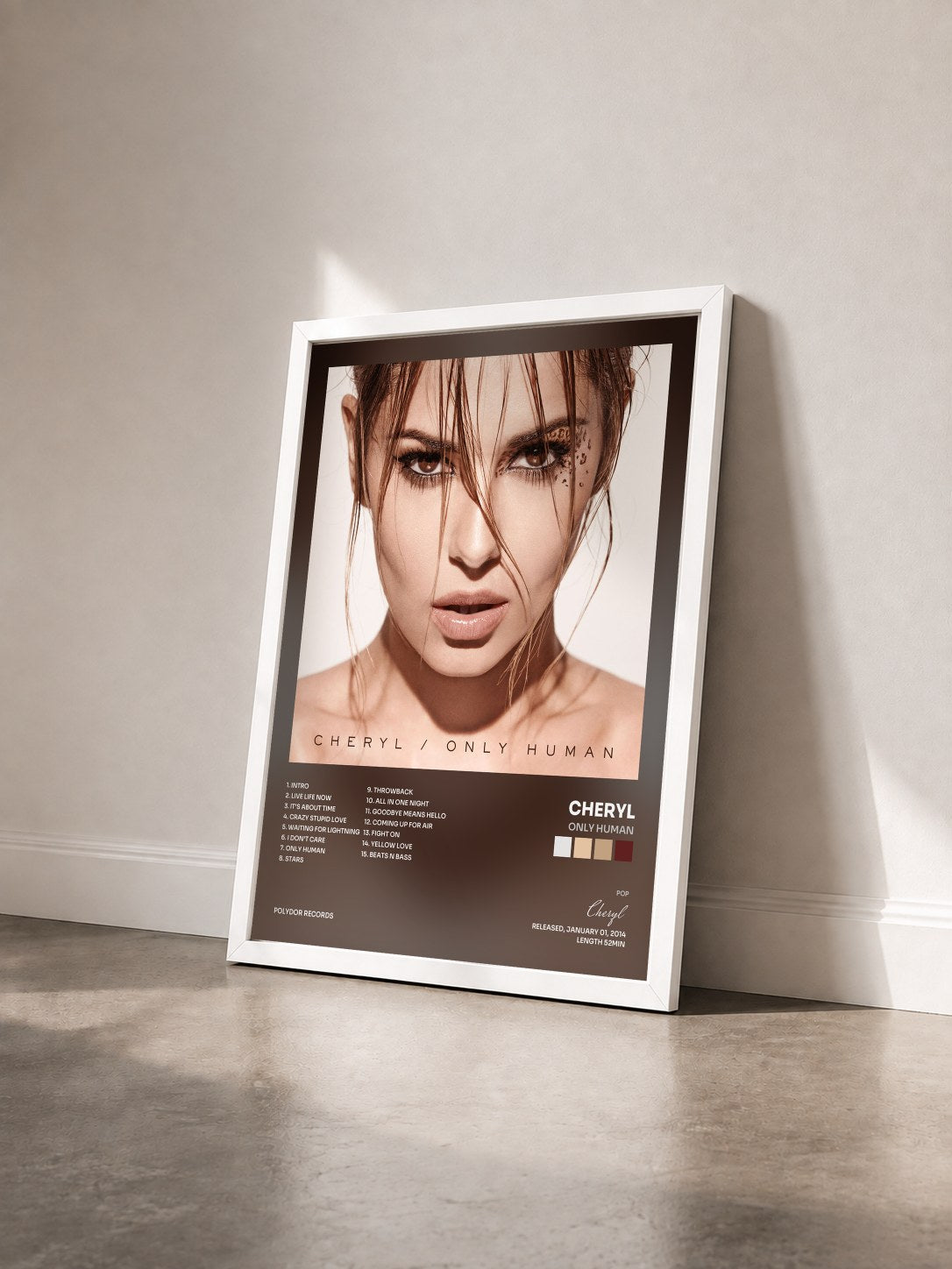 #blanc Tableau de l'album Only Human de Cheryl vu de trois quarts, cadre blanc