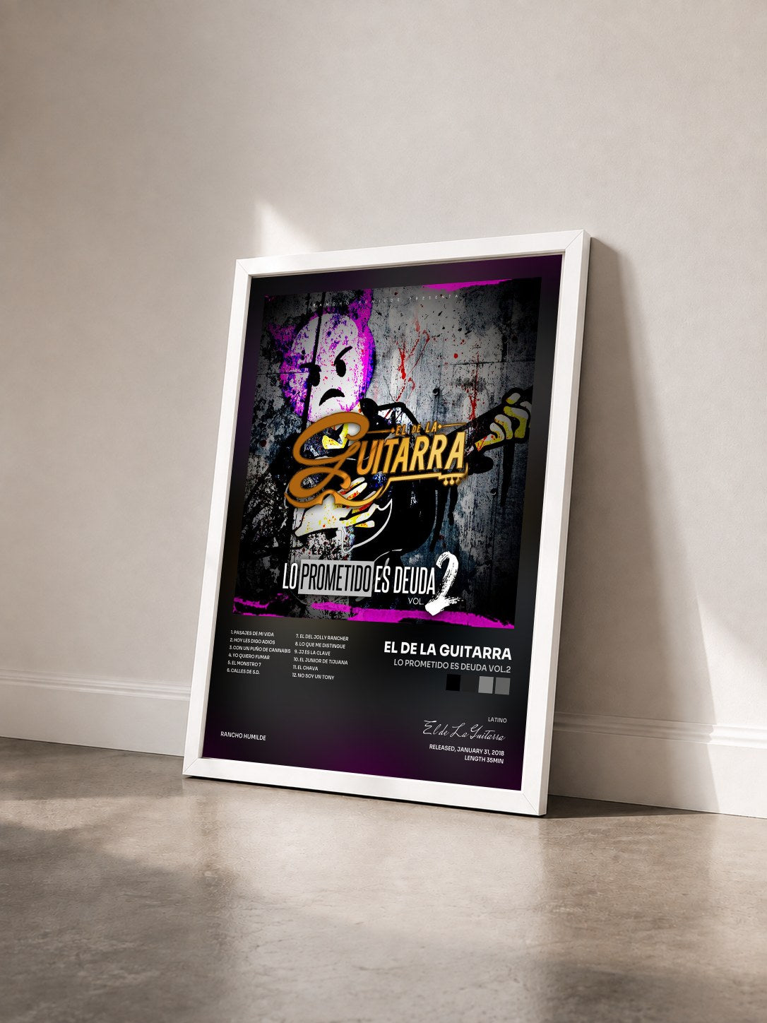 #blanc Tableau de l'album Lo Prometido Es Deuda Vol.2 de El de La Guitarra vu de trois quarts, cadre blanc