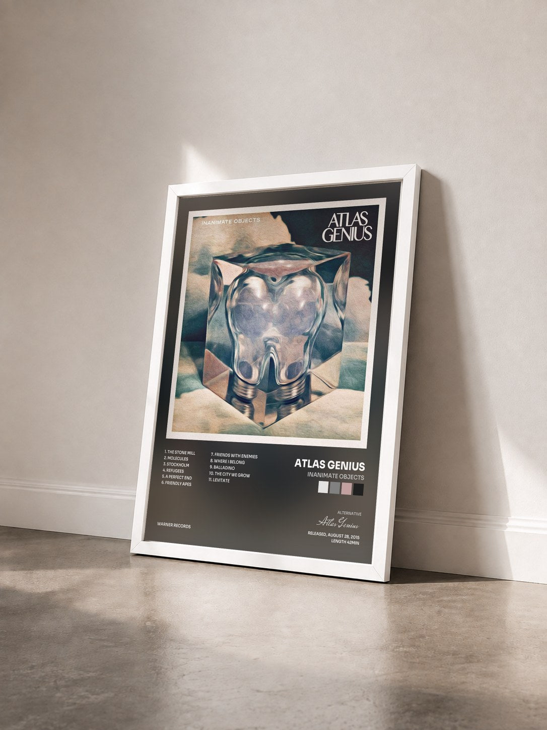 #blanc Tableau de l'album Inanimate Objects de Atlas Genius vu de trois quarts, cadre blanc
