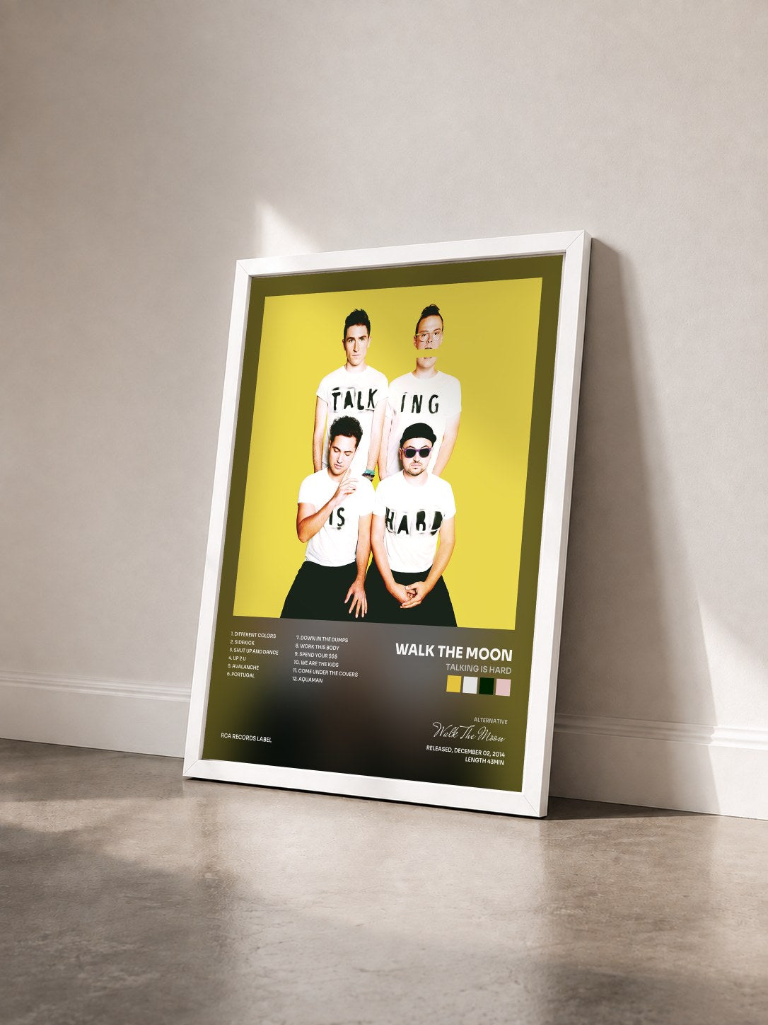 #blanc Tableau de l'album TALKING IS HARD de Walk The Moon vu de trois quarts, cadre blanc
