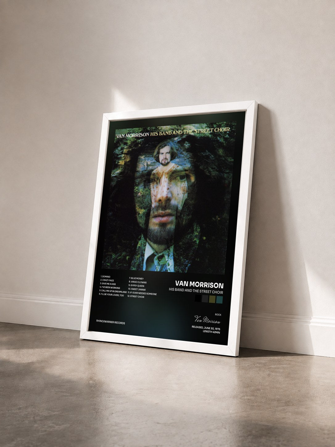 #blanc Tableau de l'album His Band and the Street Choir de Van Morrison vu de trois quarts, cadre blanc