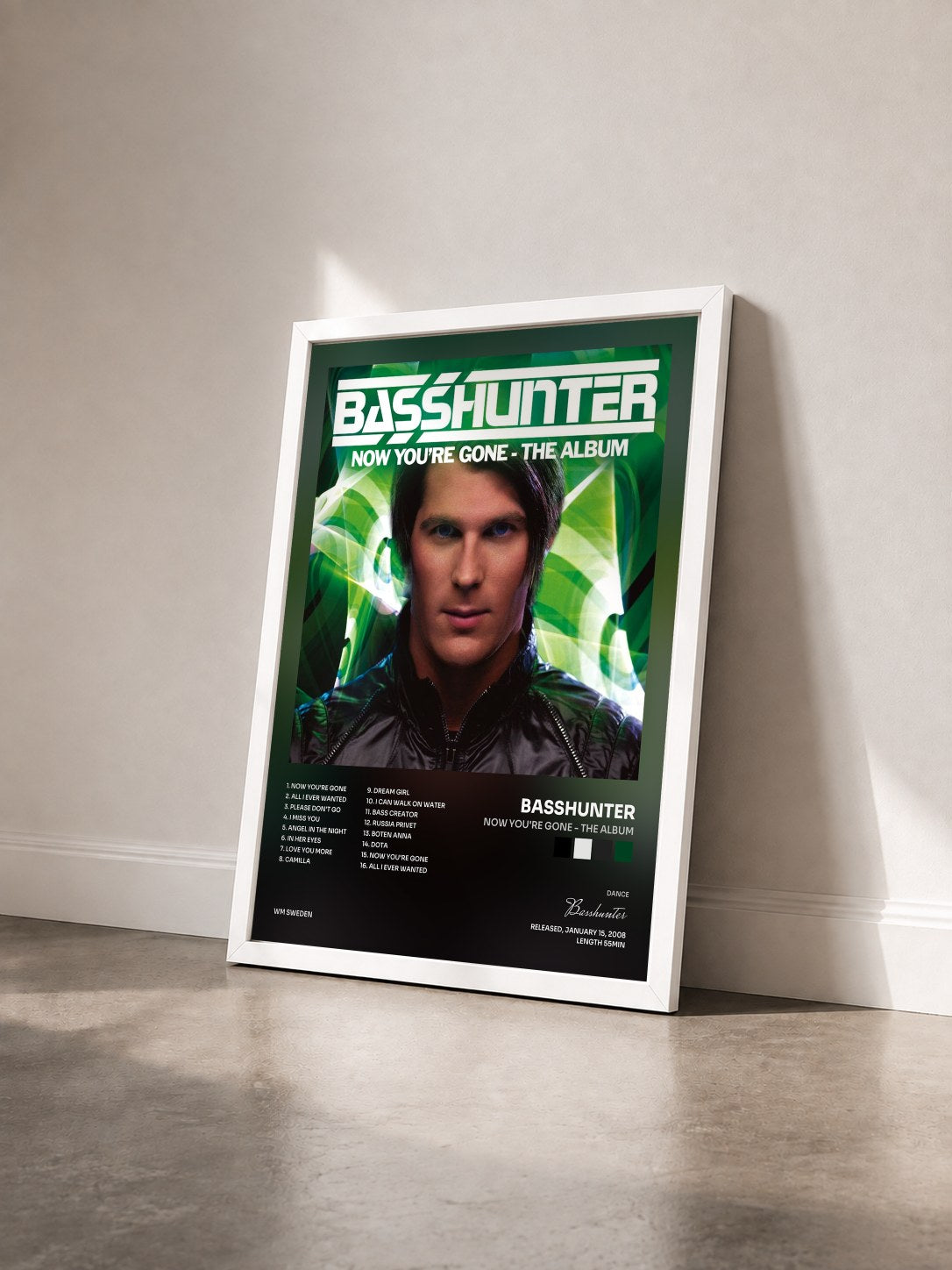 #blanc Tableau de l'album Now You're Gone - The Album de Basshunter vu de trois quarts, cadre blanc