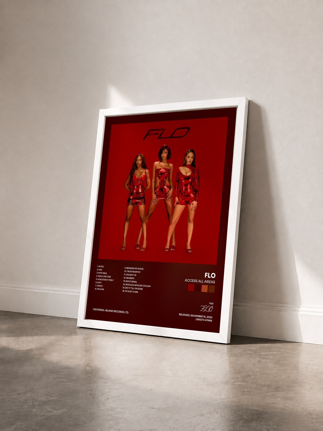 #blanc Tableau de l'album Access All Areas de FLO vu de trois quarts, cadre blanc