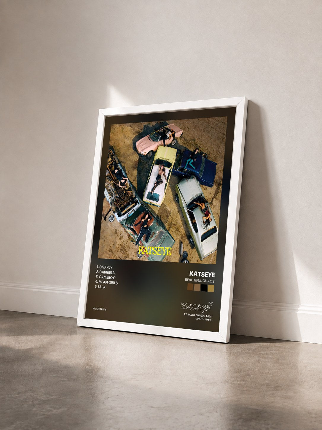 #blanc Tableau de l'album BEAUTIFUL CHAOS de KATSEYE vu de trois quarts, cadre blanc