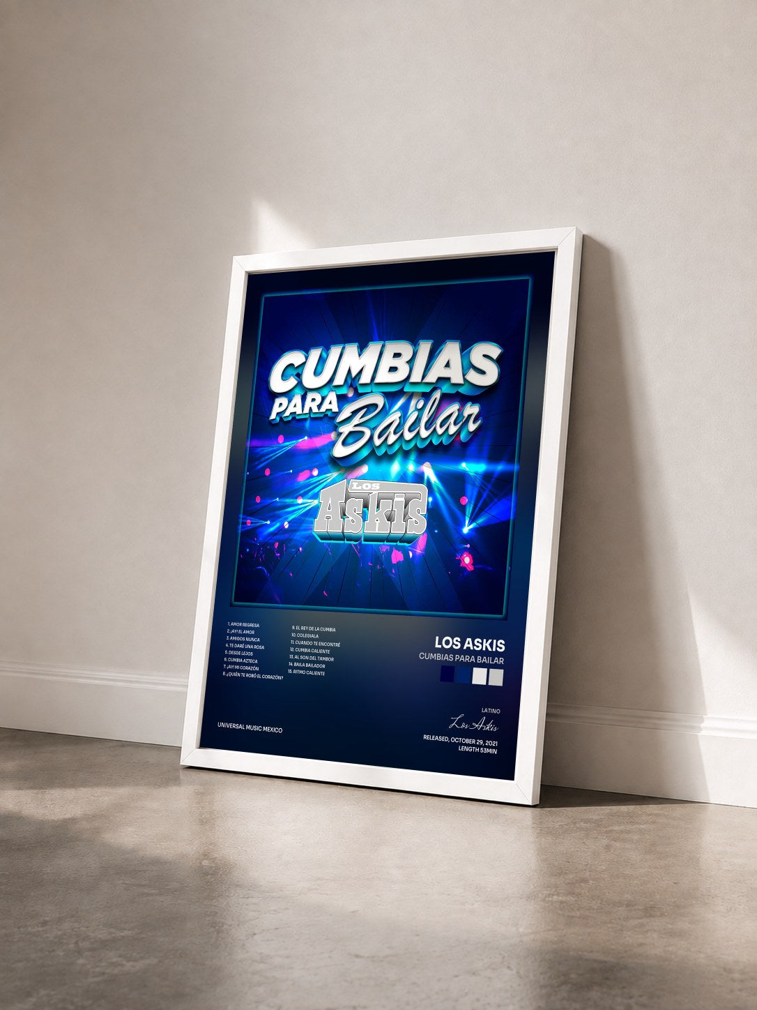 #blanc Tableau de l'album Cumbias Para Bailar de Los Askis vu de trois quarts, cadre blanc