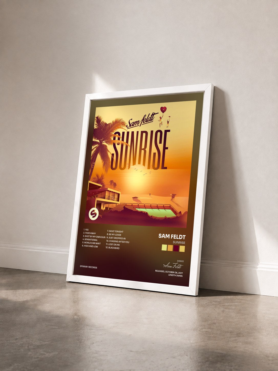 #blanc Tableau de l'album Sunrise de Sam Feldt vu de trois quarts, cadre blanc