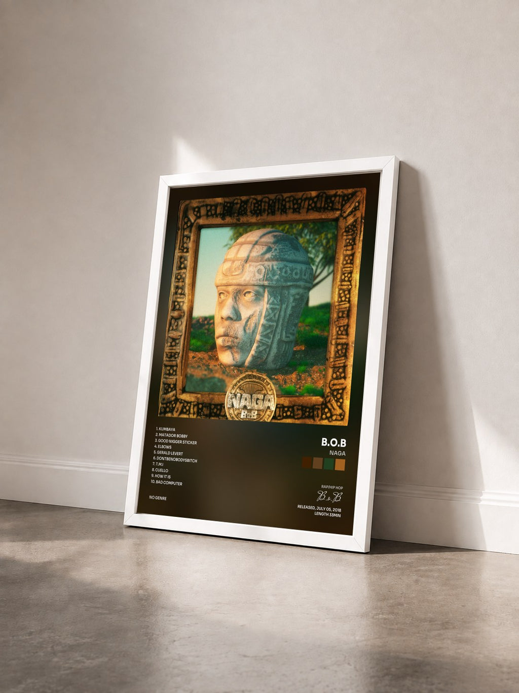 #blanc Tableau de l'album NAGA de B.o.B vu de trois quarts, cadre blanc