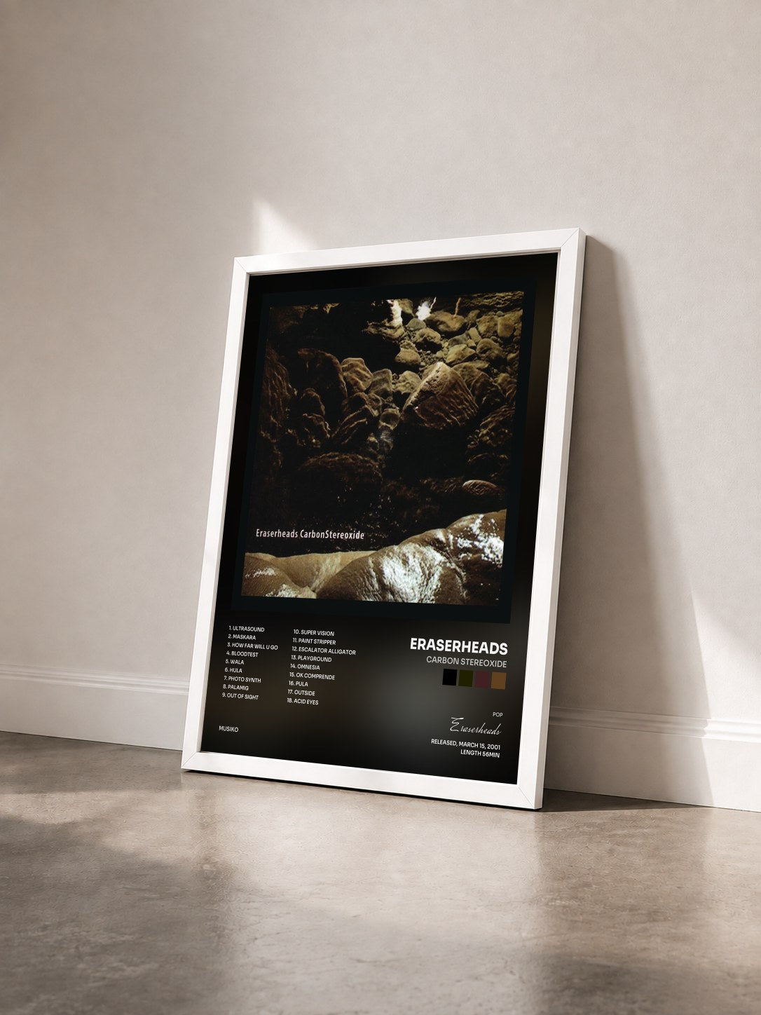 #blanc Tableau de l'album Carbon Stereoxide de Eraserheads vu de trois quarts, cadre blanc