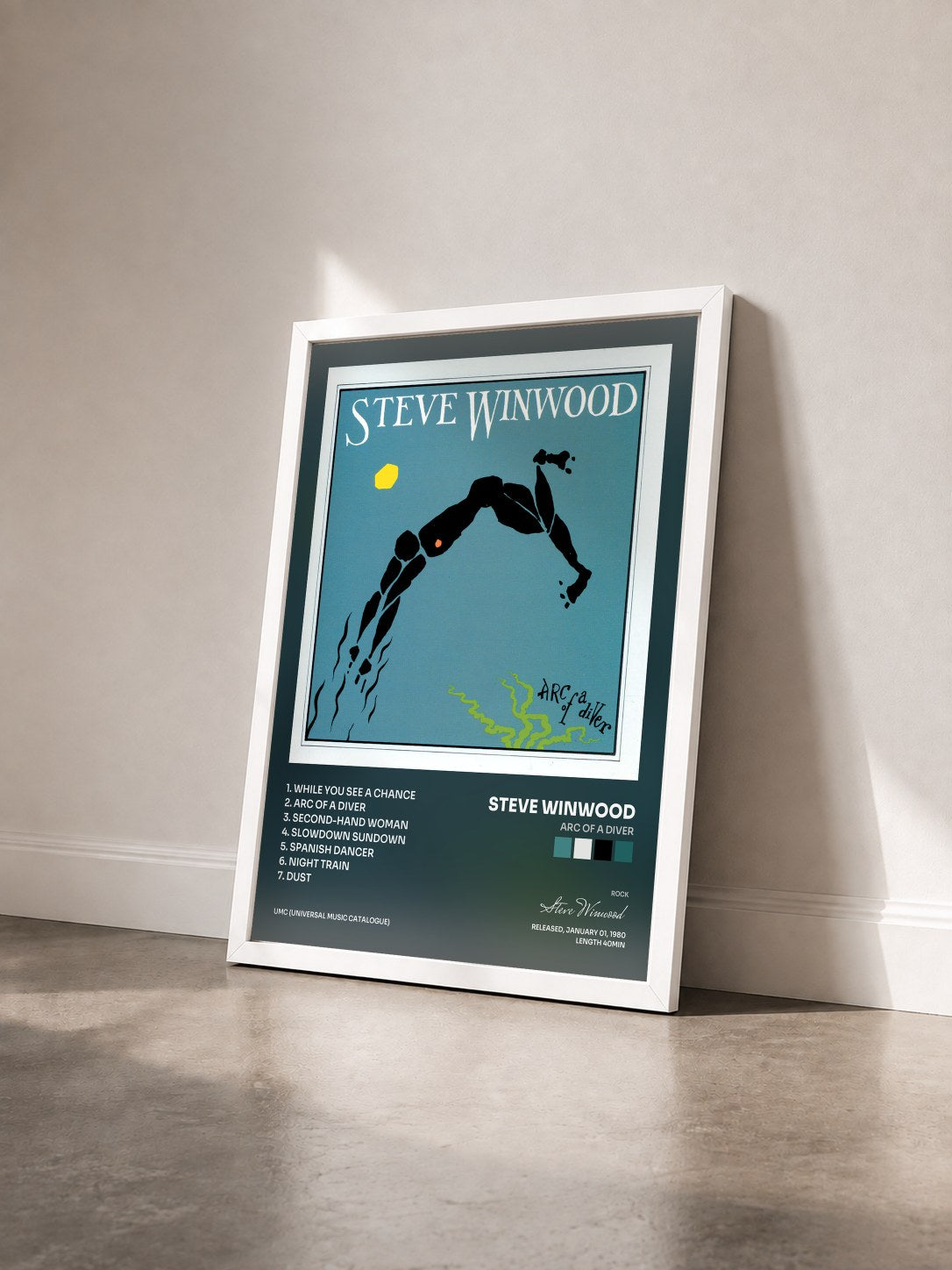 #blanc Tableau de l'album Arc Of A Diver de Steve Winwood vu de trois quarts, cadre blanc