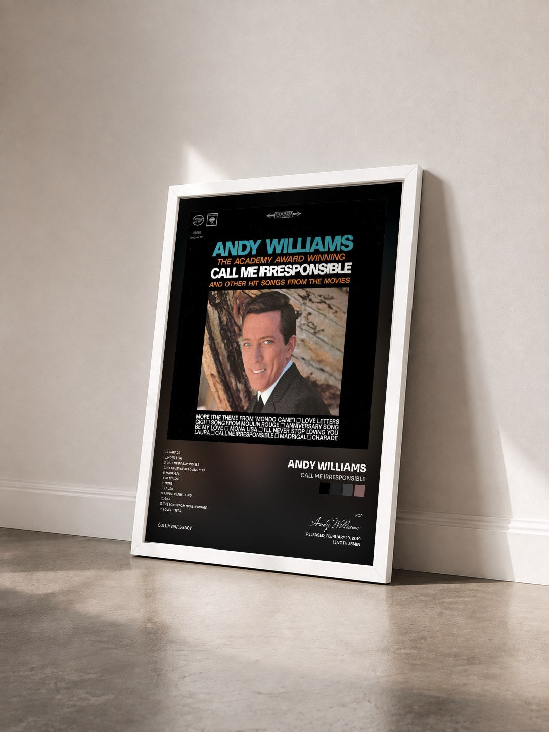 #blanc Tableau de l'album Call Me Irresponsible de Andy Williams vu de trois quarts, cadre blanc