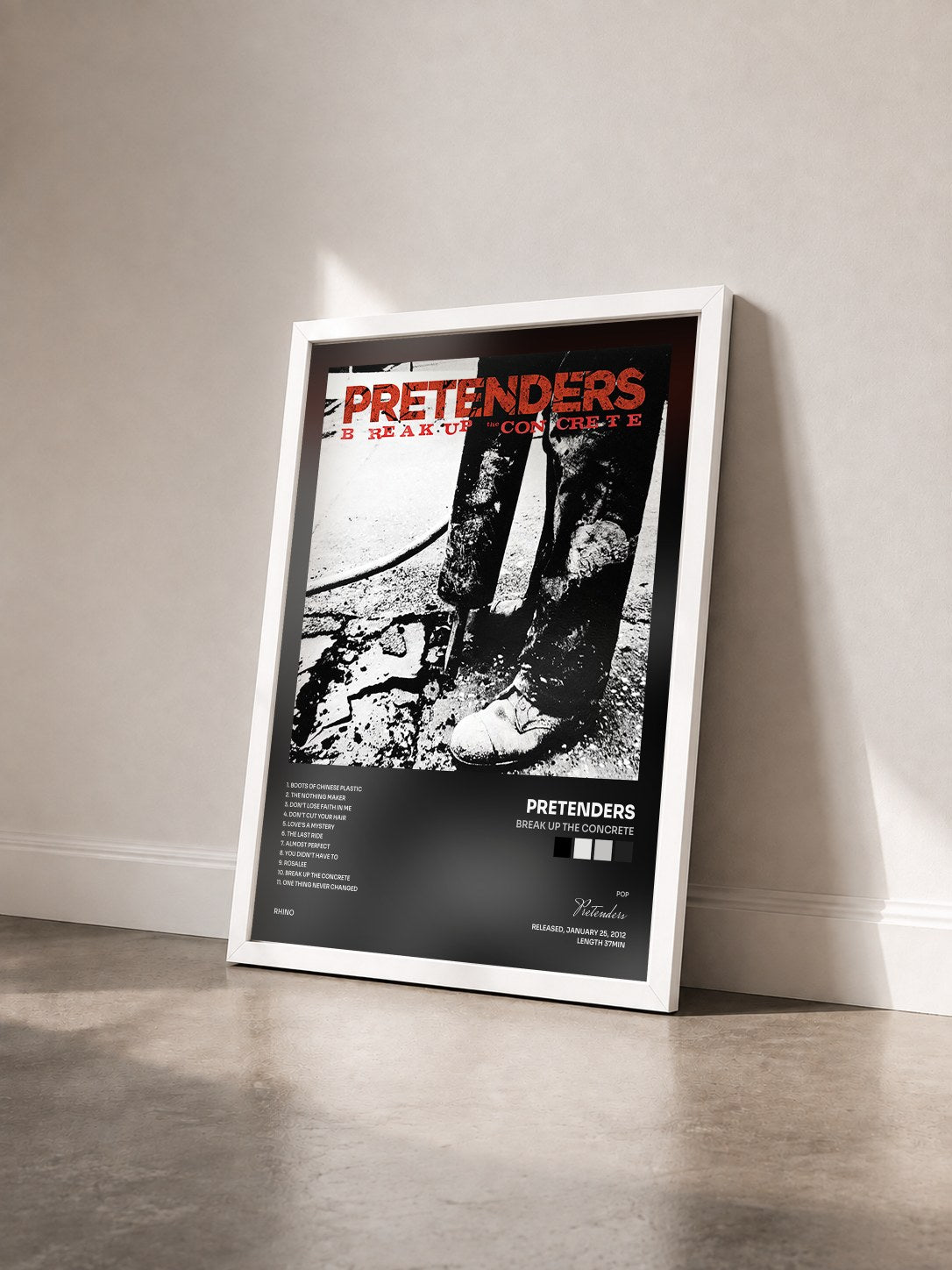 #blanc Tableau de l'album Break Up the Concrete de Pretenders vu de trois quarts, cadre blanc