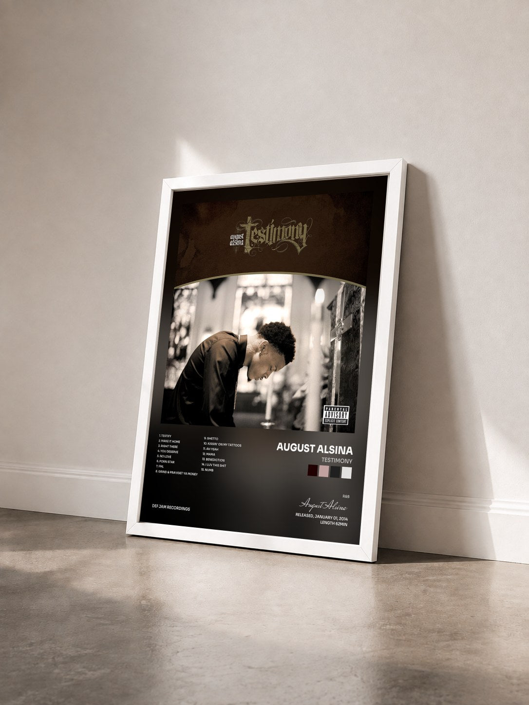 #blanc Tableau de l'album Testimony de August Alsina vu de trois quarts, cadre blanc