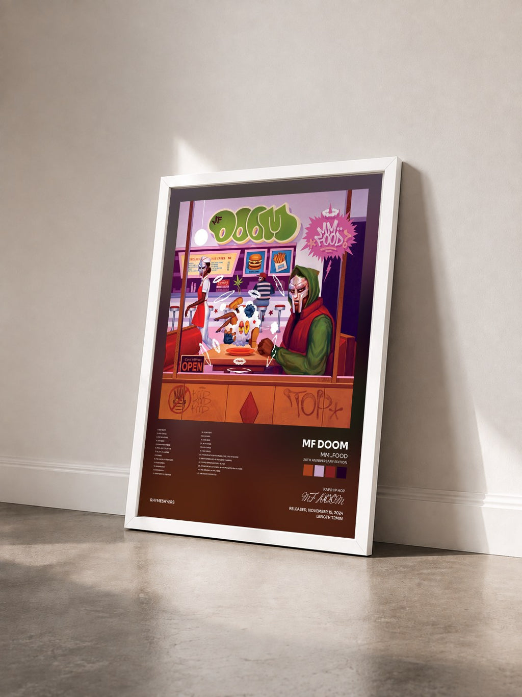 #blanc MM..FOOD (20th Anniversary Edition) by MF DOOM as a framed art print seen at an angle, white frame