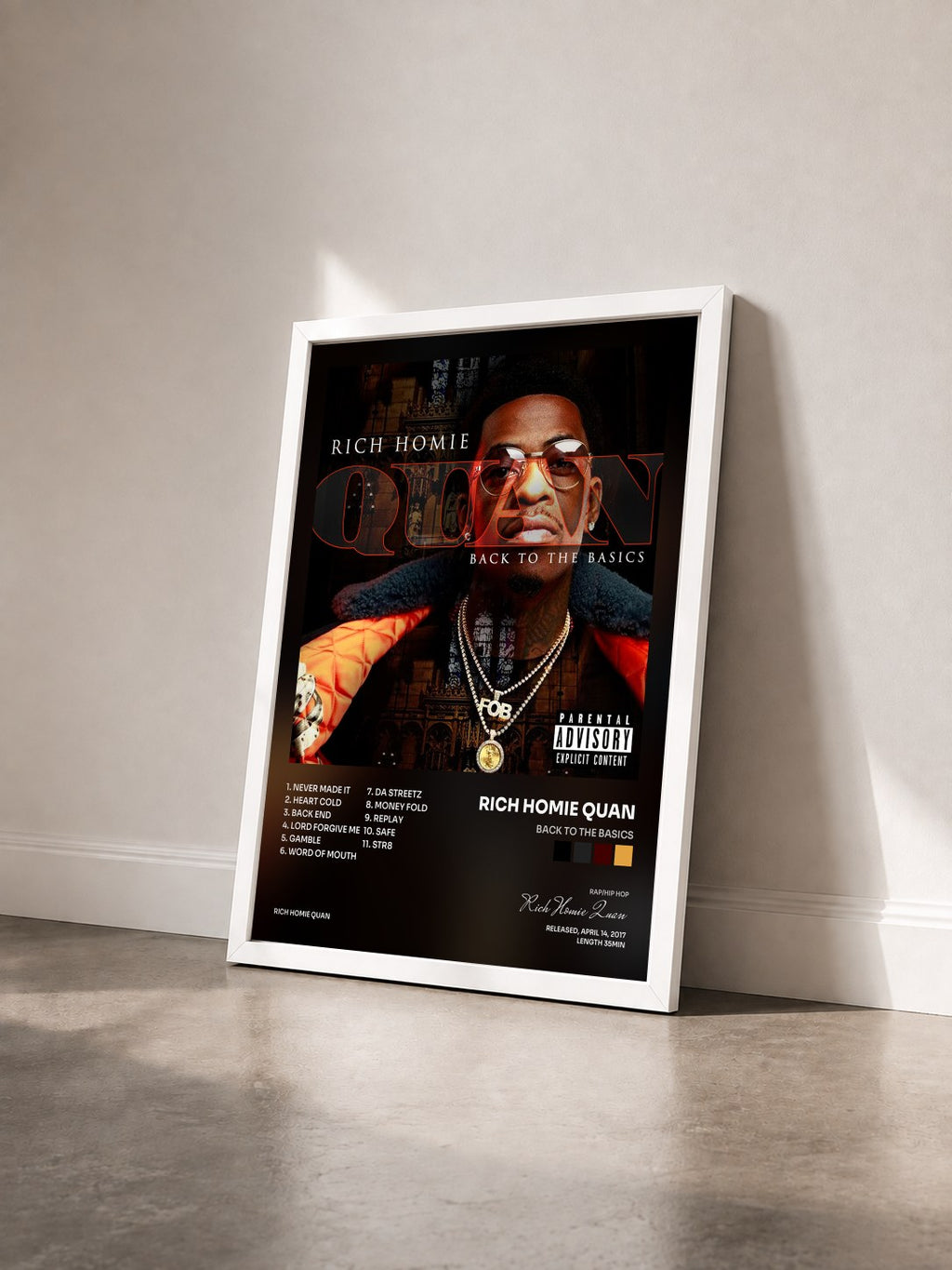 #blanc Tableau de l'album Back To The Basics de Rich Homie Quan vu de trois quarts, cadre blanc