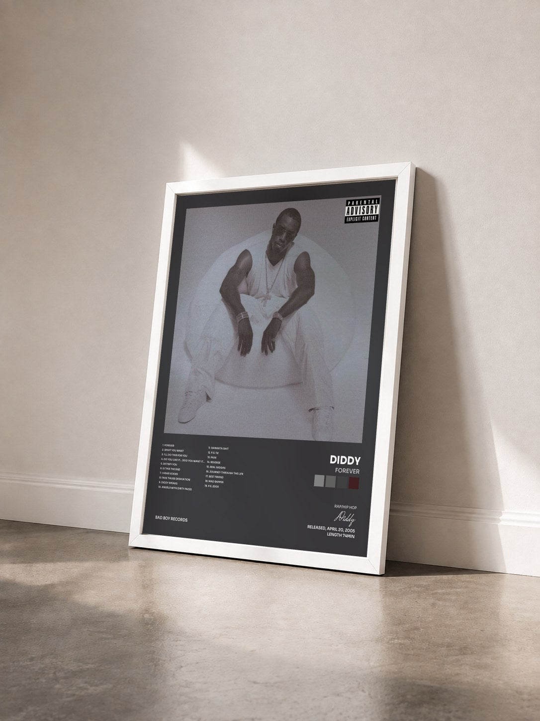 #blanc Tableau de l'album Forever de Diddy vu de trois quarts, cadre blanc