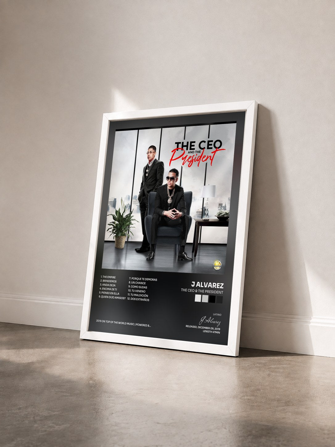 #blanc Tableau de l'album The Ceo & The President de J Alvarez vu de trois quarts, cadre blanc