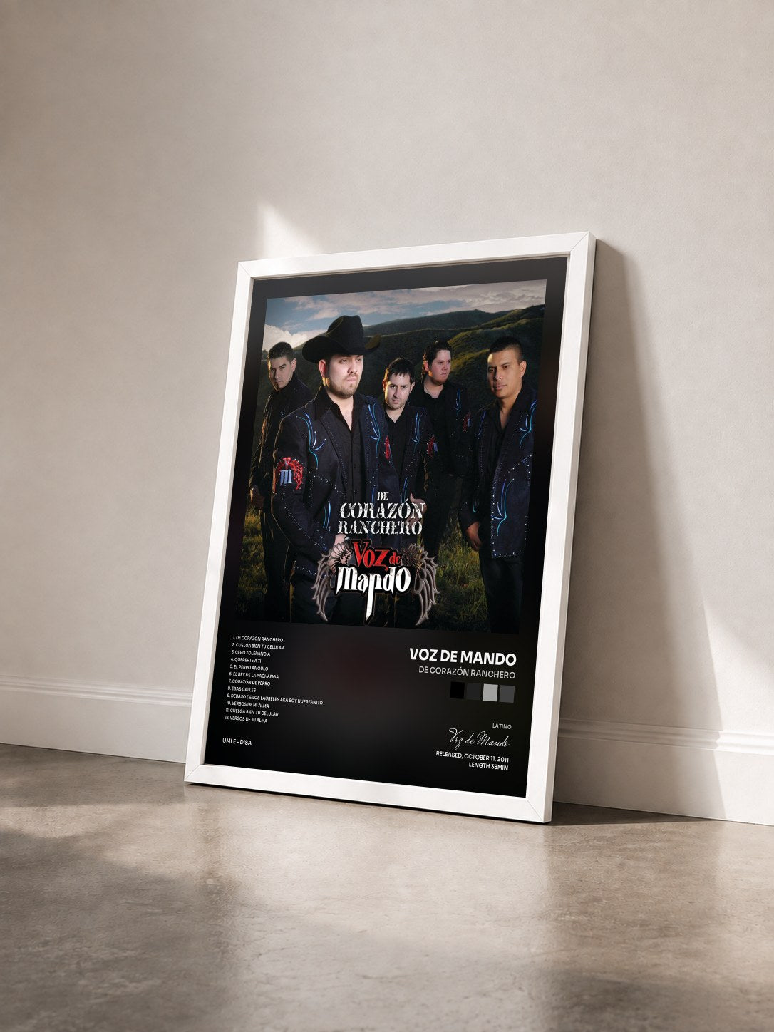 #blanc Tableau de l'album De Corazón Ranchero de Voz de Mando vu de trois quarts, cadre blanc